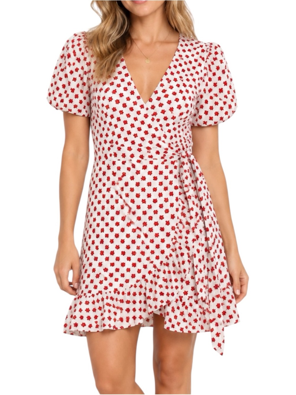 Draper James RSVP Medium Red White Embroidered Floral Wrap Dress Puff Sleeve